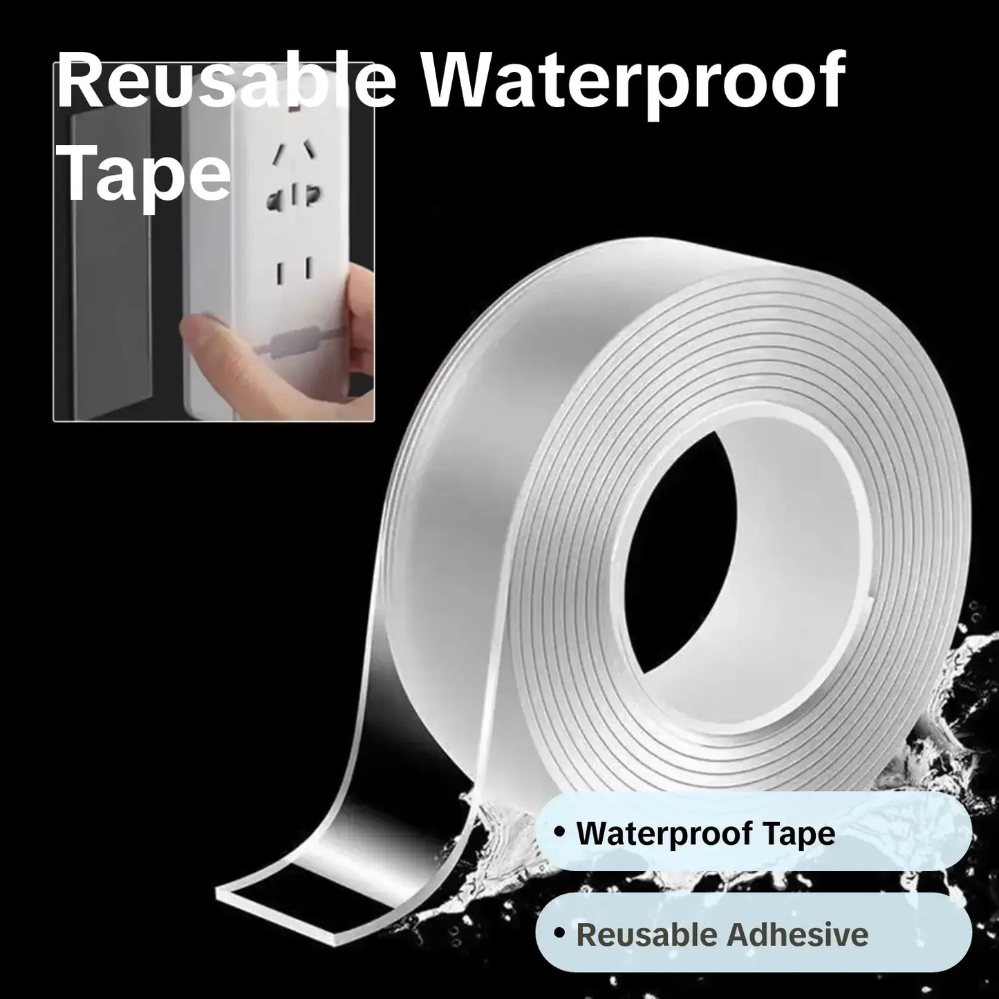 Double-Sided Waterproof Tape, 1 Roll Durable Double Sided Reusable Waterproof Double-Sided Tape, Adhesive Tape for Office Home Kitchen Dormitory Daily, Strong Adhesive Waterproof