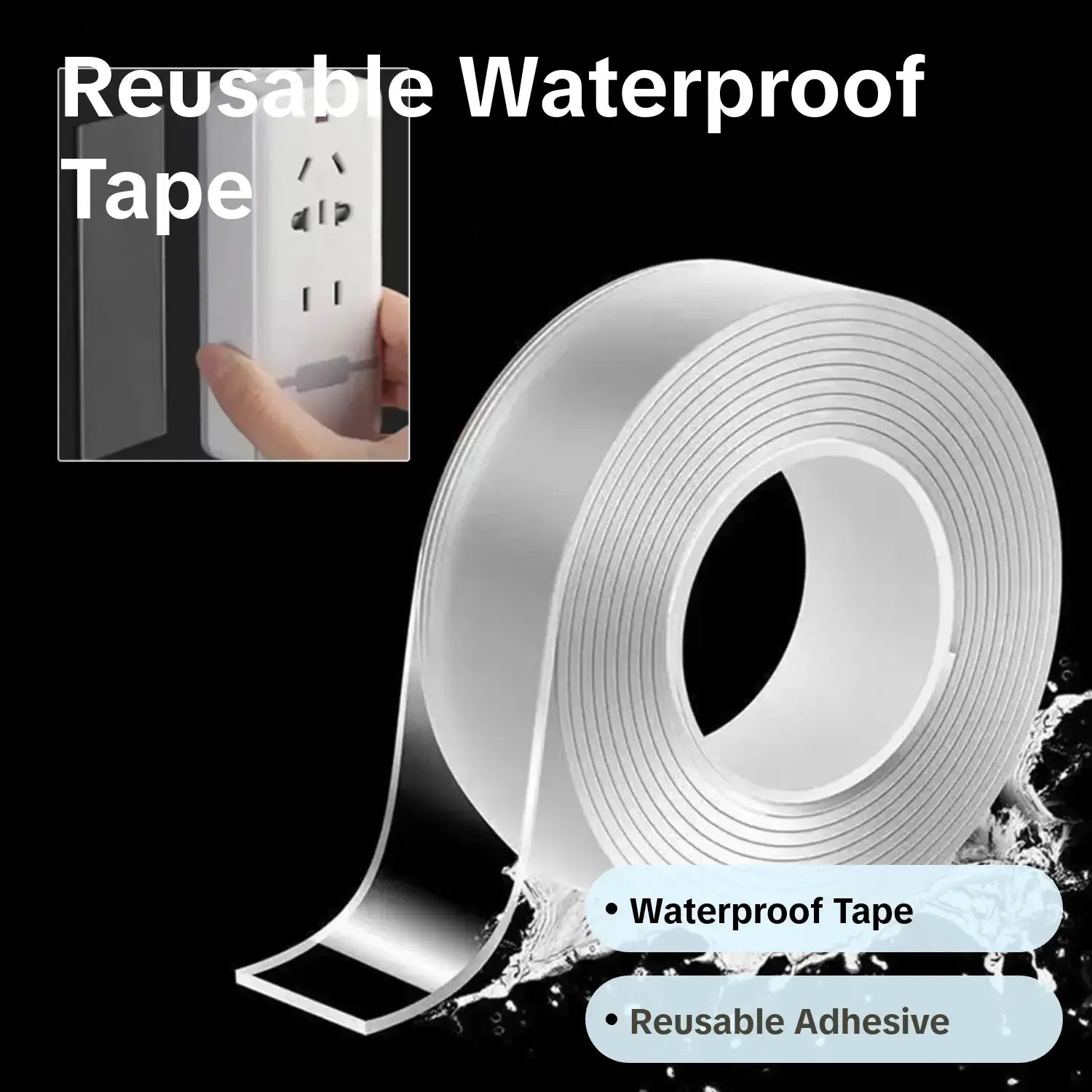 Double-Sided Waterproof Tape, 1 Roll Durable Double Sided Reusable Waterproof Double-Sided Tape, Adhesive Tape for Office Home Kitchen Dormitory Daily, Strong Adhesive Waterproof