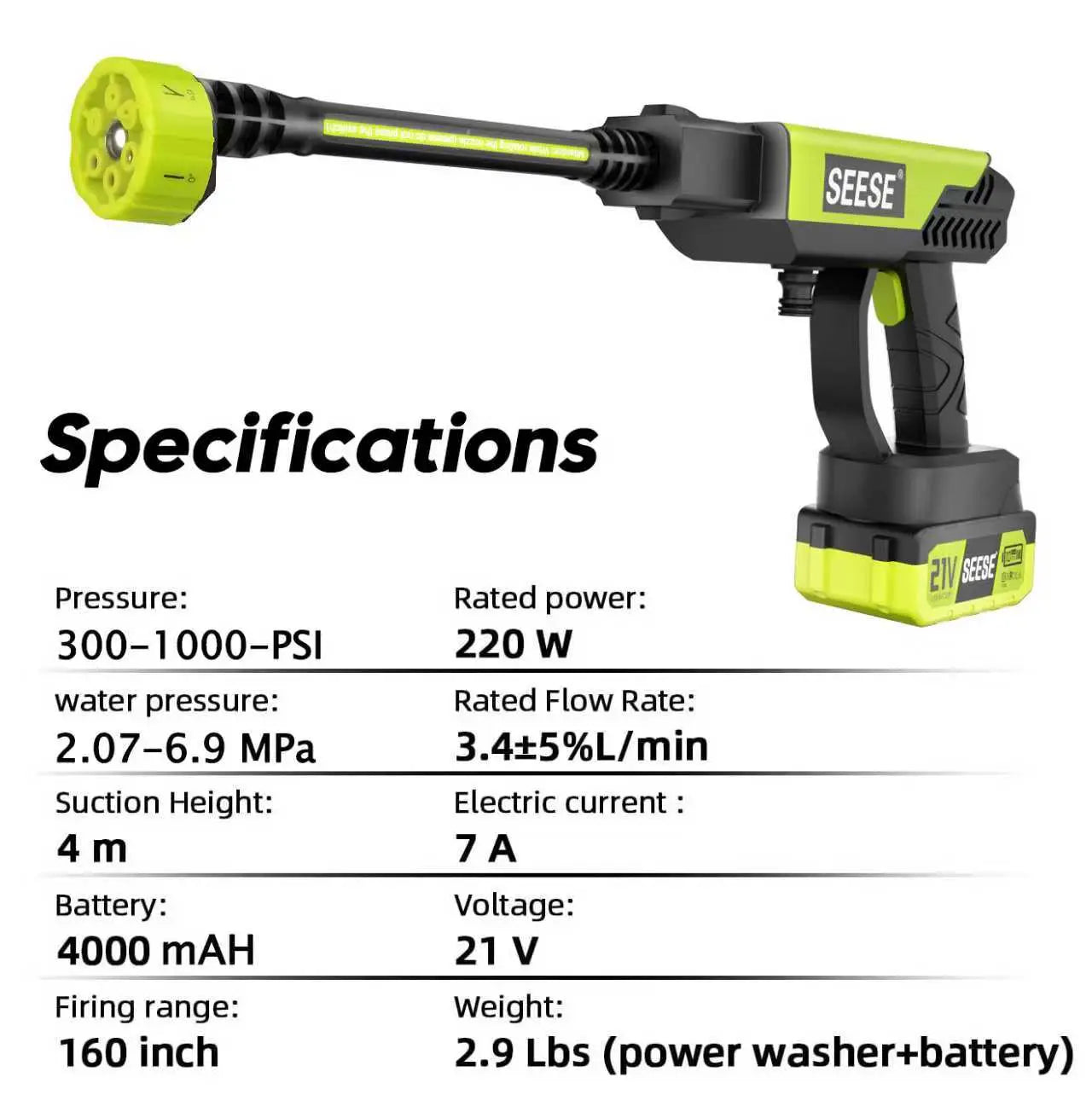 SEESE Cordless Pressure Washer with Single Port Charger Base - Portable Cleaning Solution for Vehicles, Home, and Garden Use